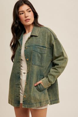 DISTRESSED TWILL OVERSIZED JACKET WITH SIDE SLIT