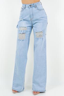 High waist denim pants pocket baggy cargo jeans