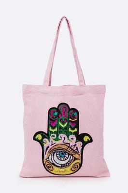 Iconic Hamsa Eye Sequins Patch Canvas Tote
