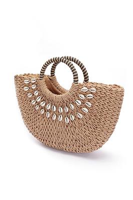 Top Handle Sea Shell Faux Straw Tote Bag