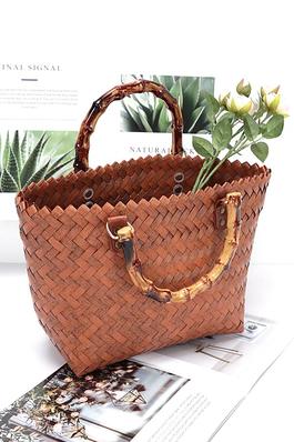 Faux Bamboo Top Handle Weaved Basket Tote