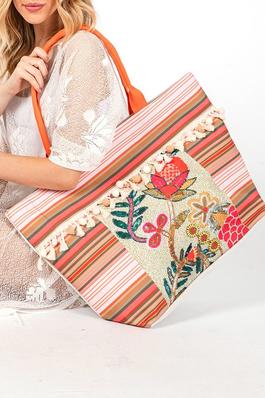 Boho Flower Beaded Embroidered Oversize Tote Bag