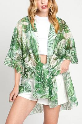 Tropical Leaf Printed Lace Kimono Cardigan