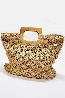 Straw Tote Bag with Wood Handles