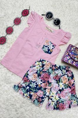 Summer pink top floral shorts girls clothing set