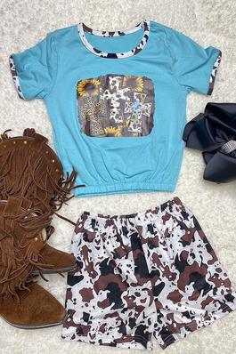 Cross printed blue t-shirt w/cow shorts set