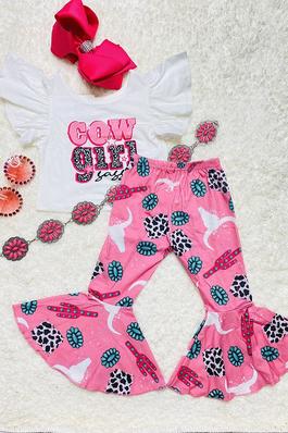 COW girl sassy top bell bottom two piece girl set