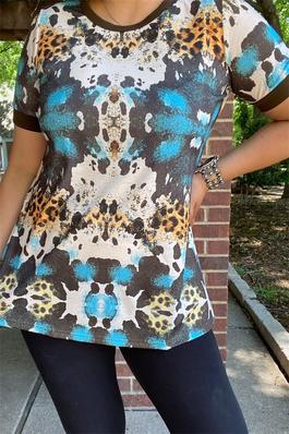 Turquoise yellow black leopard multi color printed short sleeves women tops