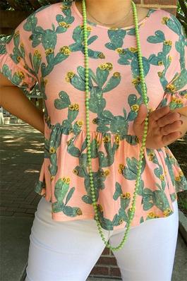 Cactus printed pink fabric ruffle short sleeve women tops