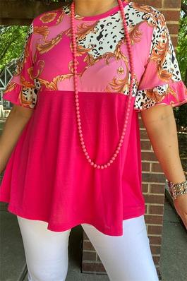 Cow pink block fuchsia paisley printed ruffle short sleeves women tops