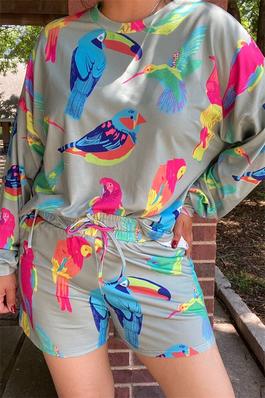 Bird colorful printed adjustable band long sleeves &shorts women sets
