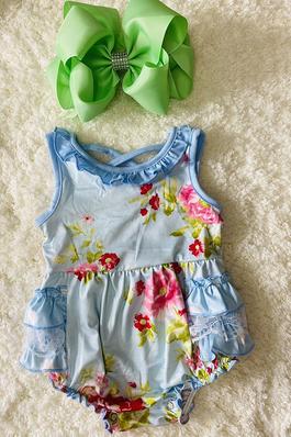 Blue floral print baby romper with pockets and lace