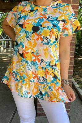 Yellow multi color floral printed short sleeve women top w/ruffle hem&sleeve