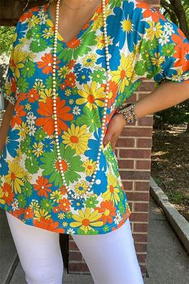 Yellow&Turquoise sunflower multi color printed short sleeve women tops