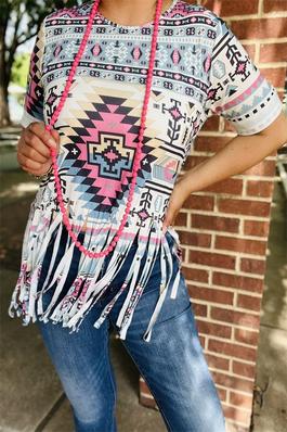 Aztec multi color printed/long tassels trim for short sleeves women top