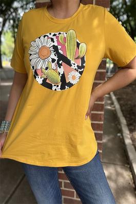 Yellow cow peace sign&cactus printed short sleeve t-shirt