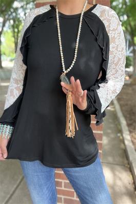 Black ruffle printed lace long sleeves raglan women tops