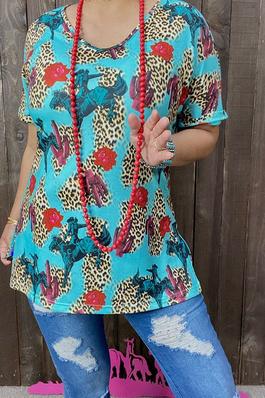 Horse riding cactus&leopard multi color printed short sleeves women tops