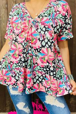 Multi color floral prints short sleeve women top w/ruffle