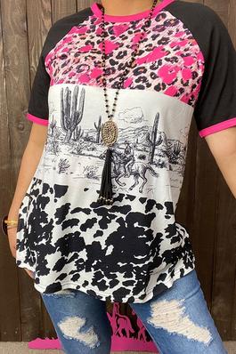 Leopard & riding horse & Cow color block short sleeve women tops