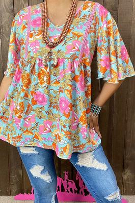 Floral print bell sleeve women top with lace trim