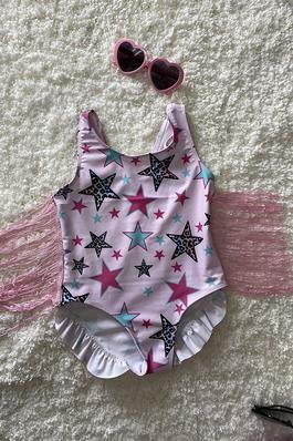 Pink star printed bathing suite w/fringe tassels
