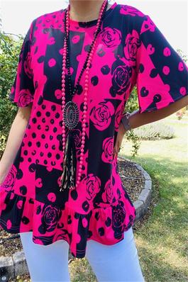 Leopard & Rose printed neon pink & black short sleeve women top