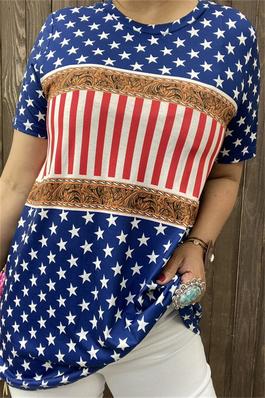Stars USA tooled paisley blue multi color printed short sleeve women top