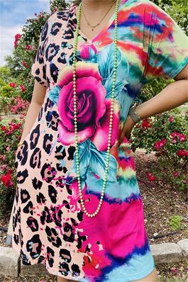 Half leopard & tie dye floral multi color printed short sleeve women dress