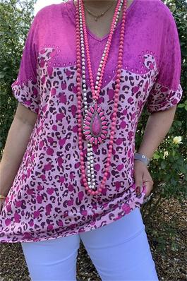 Multi leopard color printed Fuchsia short sleeves women tops