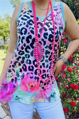 Floral & leopard printed women tank tops w/turquoise trim