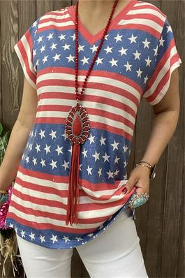 USA flag star red striped printed short sleeves women tops