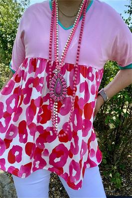 Pink & Leopard printed color block short sleeve women blouse