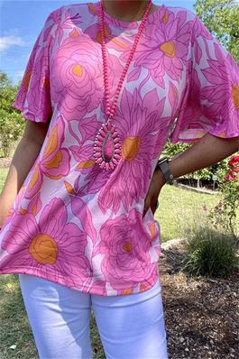 Pink floral printed bell short sleeve women tops
