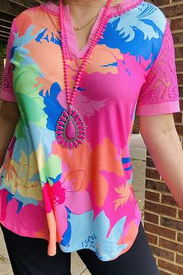 Turquoise & pink & yellow prints women top w/lace short sleeve