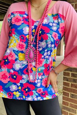 Multi color floral prints & pink color block 3/4 sleeve women top