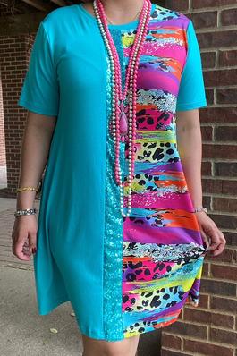Blue & Sequin & Prints color block short sleeve women dress