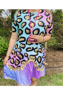 Gold leopard tie dye multi color printed short sleeve women dress