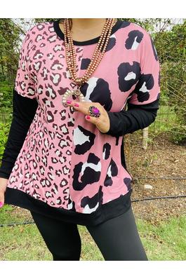 Half pink leopard printed black long sleeve women top