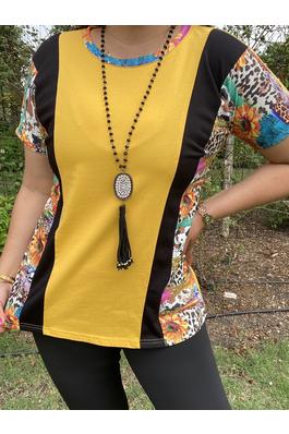 ellow/turquoise &leopard sunflower printed top