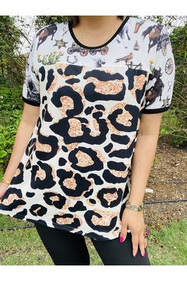Western & leopard prints color block short sleeve women top