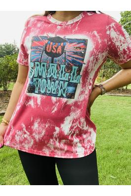 "USA SMALL TOWN" tie dye multi color printed short sleeves women tops