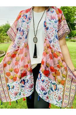 Multi-color floral printed kimono with tassels