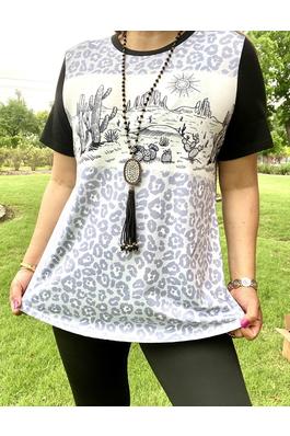Cactus&leopard black printed short sleeves women T-shirt