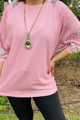 Pink & Floral printed raglan 3/4  batwing sleeves loose women top