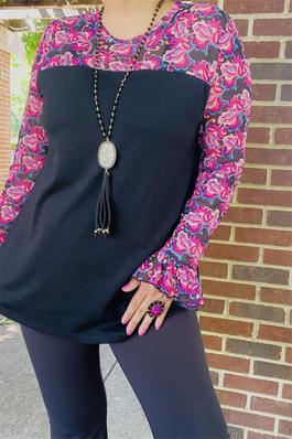 Paisley floral multi color printed black block long sleeve women tops
