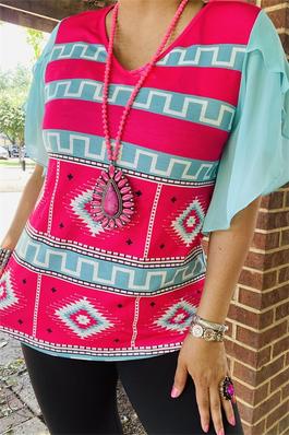 Aztec blue fuchsia multi color printed ruffle short sleeve women tops
