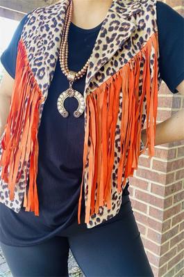 Leopard printed orange long tassel/fringe women vest/cardigan