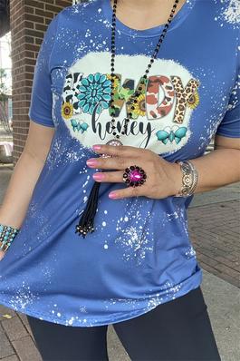HOWDY HONEY Blue bleached multi color printed short sleeve women tops