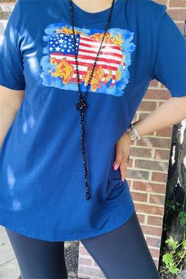 Blue USA Flag printed buffalo short sleeve women tops